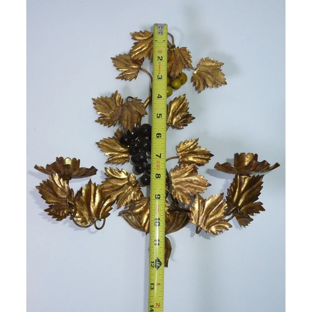 Vtg 2 Candle Sconce Italian Style Gold Grape Vine Gilt Metal Toleware Wall MCM